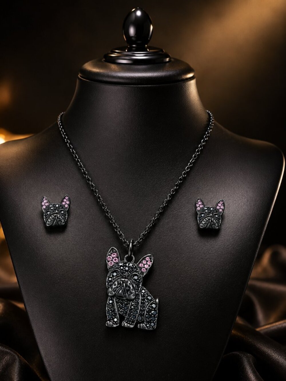 Midnight Frenchie – Black Crystal Pavé French Bulldog Necklace & Earring Set.